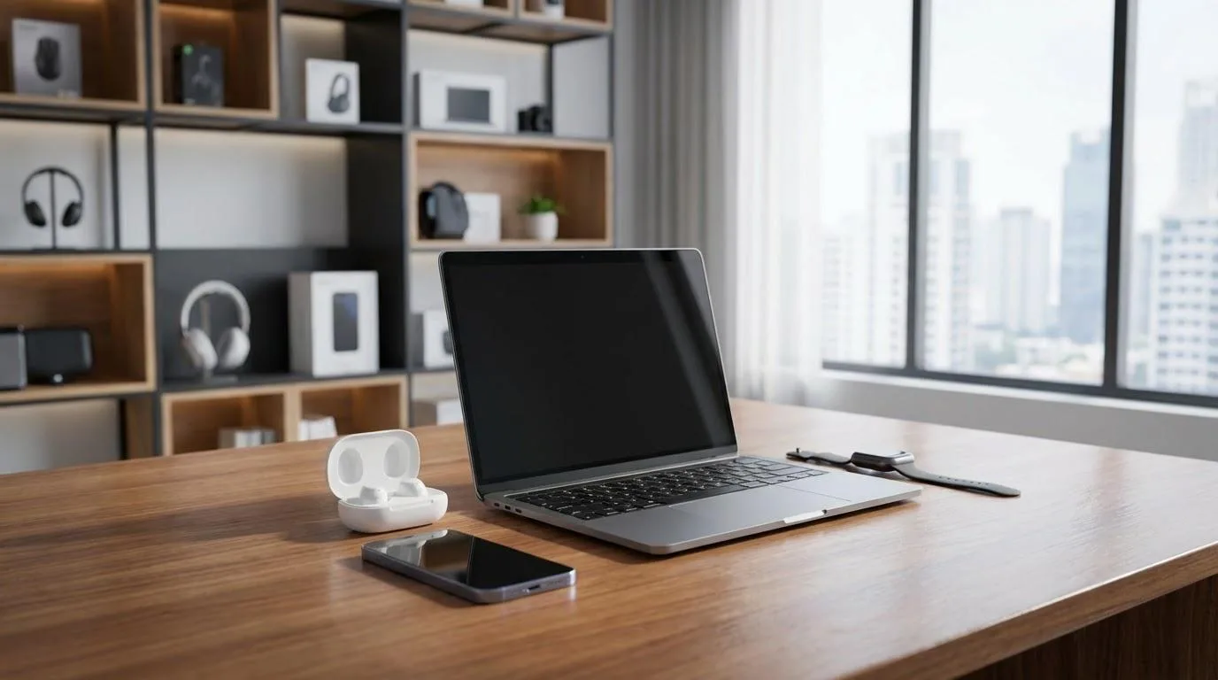 Small team reviewing electronics product listings at a desk